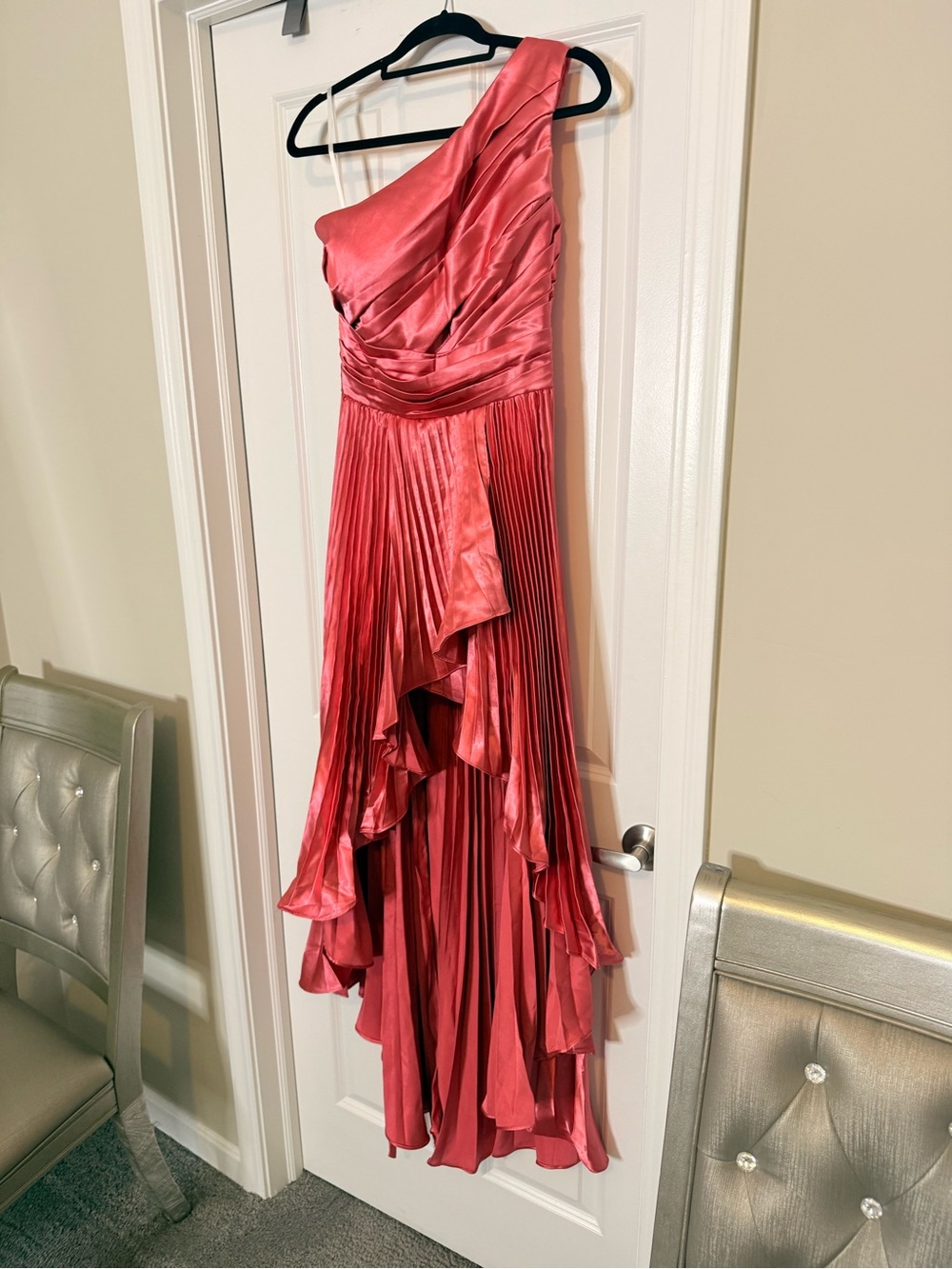 Satin One-Shoulder Coral Pleated High-Low Evening Dress